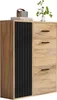 A wooden shoe cabinet with black accents and drawers against a white background. Produktbild-Vorschau