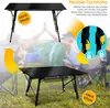 A camping table is shown in two different height configurations, with people in the background. Produktbild-Vorschau