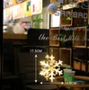 A snowflake-shaped LED light hanging in front of a window, with measurements indicated. Produktbild-Vorschau