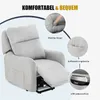 A light gray recliner chair with its footrest extended, showcasing its features with callouts and text. Voir les images du produit
