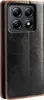 A close-up view of a dark brown leather flip case for a smartphone, showing the camera module and the textured surface of the case. Produktbild-Vorschau