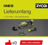 A marketing image showing a cordless angle grinder and its accessories, with text indicating the scope of delivery and that the battery is not included. Produktbild-Vorschau