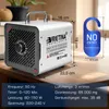 An ozone generator air purifier is shown on a wooden table with dimensions and specifications indicated by text overlays and a "No Entry" sign. Produktbild-Vorschau
