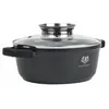 A black pot with a glass lid and silver accents, shown from the side against a white background. Produktbild-Vorschau