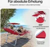A woman relaxing on a red beach chair on a sandy beach with the ocean in the background. Produktbild-Vorschau