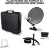 A collection of satellite dish components and accessories laid out on a white background, with promotional text at the top. Produktbild-Vorschau