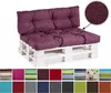 A purple pallet sofa cushion set on a white wooden pallet, with a close-up inset of the fabric texture. Below the main image is a collage of various color and pattern swatches for the cushions. Voir les images du produit