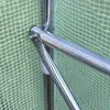 Close-up of a metal frame joint for a greenhouse or tunnel, covered with green mesh fabric. Produktbild-Vorschau