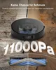A robot vacuum cleaner is shown on a floor with dirt and debris, with text highlighting its cleaning power and a close-up of its brush. Produktbild-Vorschau