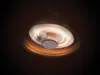 A close-up, low-angle shot of a ceiling-mounted industrial heater with its heating elements illuminated. Produktbild-Vorschau