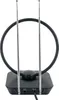 A black active antenna with two silver telescopic antennas and a black circular loop, set against a white background. Produktbild-Vorschau
