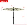 A beige patio umbrella with LED lights and measurement indicators. Voir les images du produit