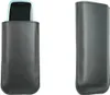 Two views of a black leather phone case, one with a phone partially inserted. Náhľad obrázku produktu