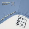 A close-up of a light blue fabric, likely a fitted sheet, showing its texture and elasticized edge. There are also care symbols and text indicating product features. Produktbild-Vorschau