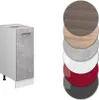 A kitchen cabinet with a concrete front and white sides, shown next to a stack of color samples. Produktbild-Vorschau