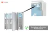 A bathroom cabinet with doors open, showing shelves and items. A close-up inset shows a detail of the cabinet's interior with a power outlet and switch combination. Produktbild-Vorschau