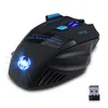 A black wireless gaming mouse with blue LED lighting and a USB receiver. Produktbild-Vorschau