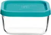 A clear, studio shot of a small, square glass food storage container with a teal lid. Produktbild-Vorschau