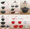 A collage of various Kinghoff cast iron cookware items, including frying pans, casseroles, and roasters, with product details and sizes displayed. Voir les images du produit