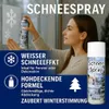 A woman is spraying snow onto a window, creating a winter scene. The product is a can of snow spray. Produktbild-Vorschau