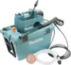 A teal and gray Makita cordless pressure washer kit is displayed against a white background. The kit includes the pressure washer unit, a spray gun with a wand, a hose, and a filter. Náhled obrázku produktu