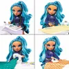 A collage of four images showing a doll interacting with fashion design tools and materials. Produktbild-Vorschau