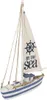 A decorative wooden sailboat with blue and white stripes, a ship's wheel, and the text "BY THE SEA" on its sail. Produktbild-Vorschau