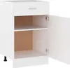 A white cabinet with one drawer and an open door, revealing shelves inside. It is shown from a slightly angled front view, with one black leg visible at the bottom left. Náhľad obrázku produktu