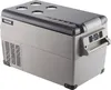 A gray and black portable refrigerator with cup holders on top. Voir les images du produit