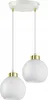 A white ceiling lamp with two glass globes hanging from it. Produktbild-Vorschau