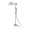 A silver shower system with a rain shower head and a handheld shower head, mounted on a white background. Produktbild-Vorschau