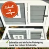 Close-up view of a chicken coop with text overlays highlighting features. Produktbild-Vorschau