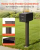 A black mailbox on a brown post in a grassy yard, with close-up insets showing material details. Voir les images du produit