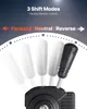 A close-up of a gear shifter with text overlays indicating its features. Voir les images du produit