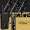 A marketing image showcasing a walkie-talkie with overlaid text highlighting its features. Produktbild-Vorschau