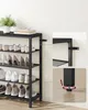 A black metal shoe rack filled with various types of shoes is shown against a light-colored wall and floor. Inset images highlight the assembly and adjustable feet of the shoe rack. Náhled obrázku produktu