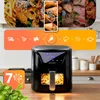 A black and silver air fryer is shown on a kitchen counter, with a collage of food images and icons above it, illustrating its functions. Náhled obrázku produktu
