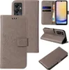 Collage of images showing a gray floral and butterfly patterned flip phone case for a Samsung Galaxy A25 5G. Produktbild-Vorschau
