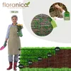A woman holding a plant stands next to a display of woven garden edging of varying heights, with measurement indicators. Produktbild-Vorschau