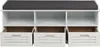 A shoe bench with three drawers and three open compartments above them, with a dark gray cushion on top. Produktbild-Vorschau