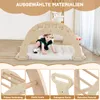 A baby is playing under a wooden climbing arch, with close-up shots of the product's details at the bottom. Podgląd zdjęcia produktu