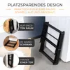 A black foldable drying rack is shown in various compact storage locations, with German text highlighting its space-saving design. Voir les images du produit