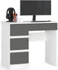 A white and graphite gray desk with a computer monitor, keyboard, and headphones. Produktbild-Vorschau