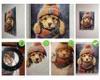 A collage of images showing a painting of a dog wearing a hat and scarf, with some images showing the painting on a wall and others as close-ups or in different contexts. Produktbild-Vorschau
