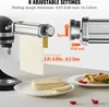 A pasta maker attachment for a stand mixer is shown with a sheet of dough passing through it. Text overlays describe its features and settings. Produktbild-Vorschau