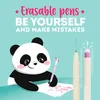 A cartoon panda is drawing on a piece of paper with a pen, with text and images of pens in the background. Produktbild-Vorschau