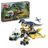 A LEGO Jurassic World Allosaurus Transporter playset is shown, both in its packaging and assembled. Produktbild-Vorschau