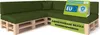 A green modular sofa made of cushions on wooden pallets, with marketing signs. Podgląd zdjęcia produktu