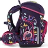 A side view of a purple school backpack with a colorful jungle-like pattern and a black panther emblem. Produktbild-Vorschau