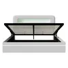 A white bed frame with the storage compartment open, revealing the slatted base and hydraulic lift mechanism. The bed has integrated LED lighting. Produktbild-Vorschau